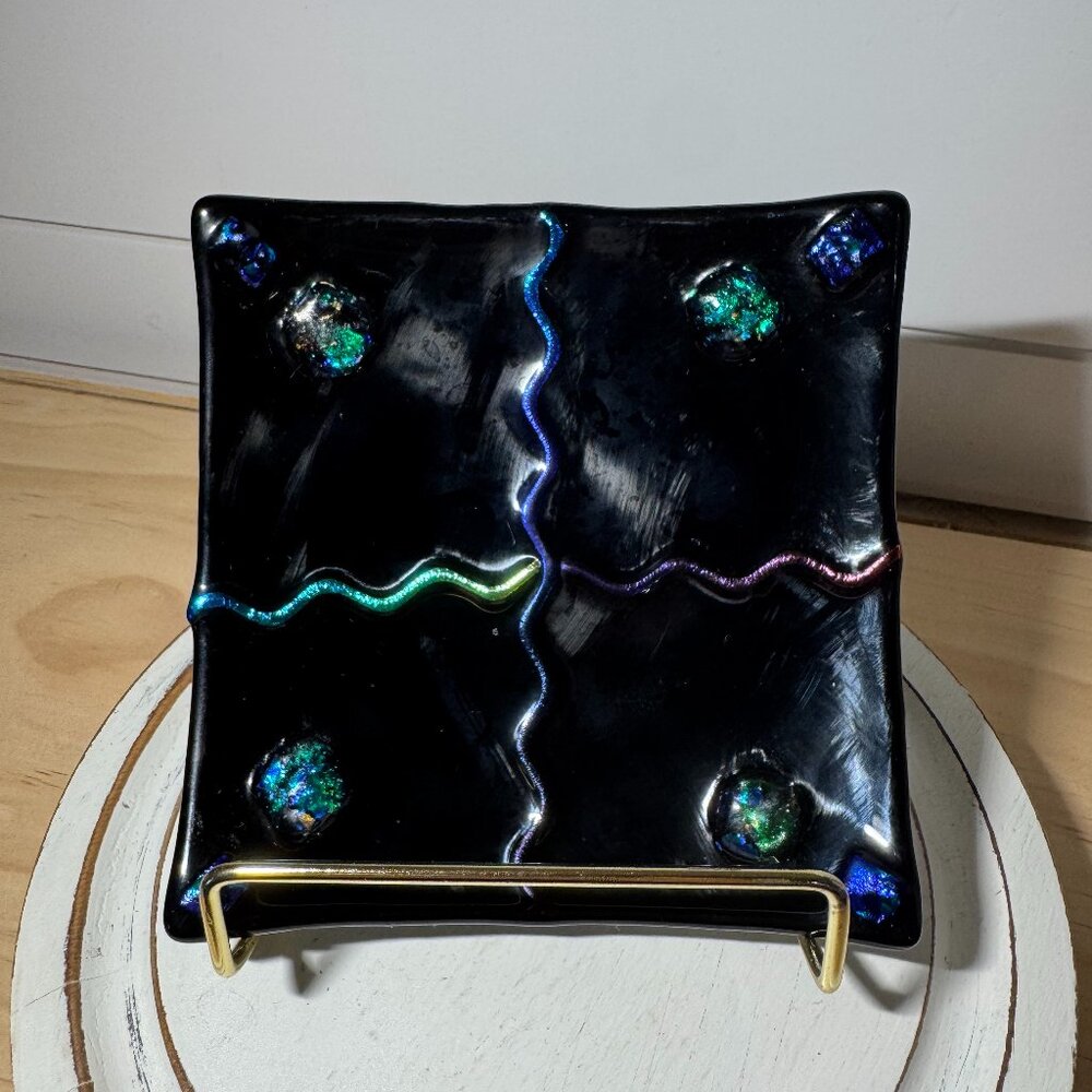 Dichroic Glass Fused Glass Trinket Dish Signed Penny Squiggles / Dots Multicolor